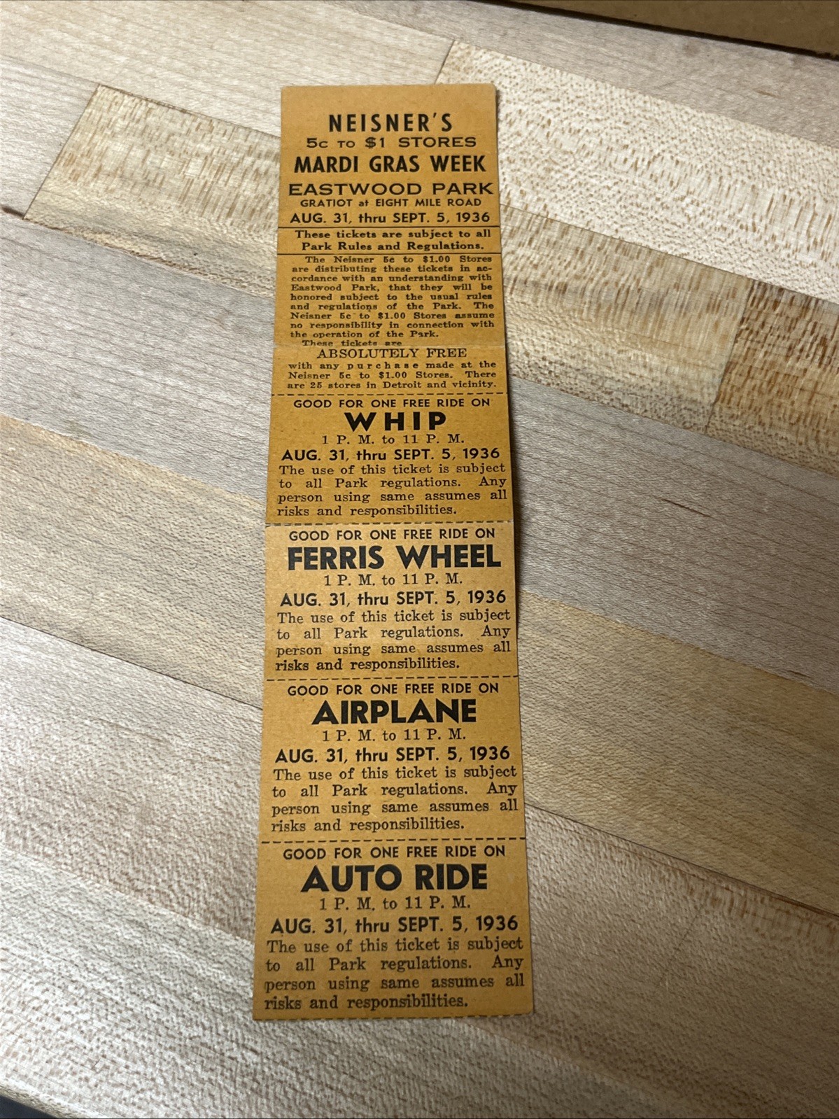 1936 Neisner’s Stores, Mardi Grad Week Tickets. Eastwood Park. EX Box 245