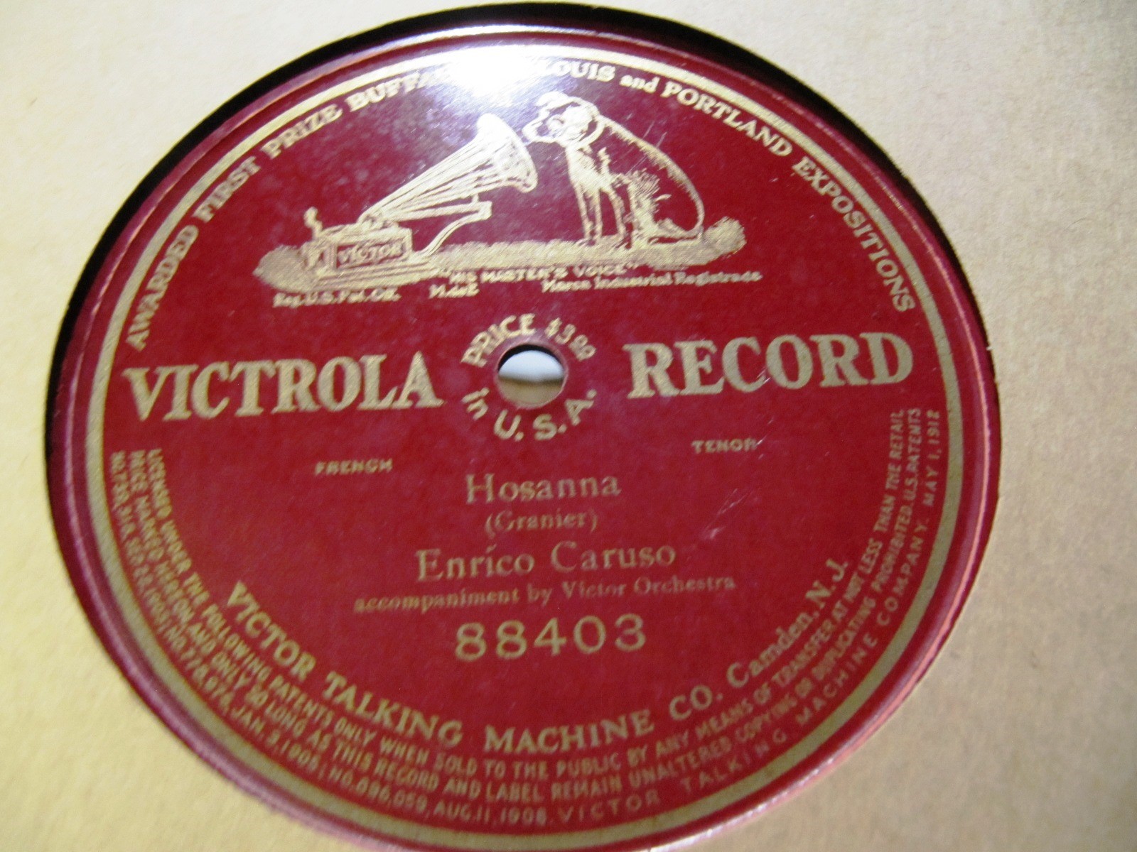 E Cond 1912 Enrico Caruso sings French Easter Hymn Granier HOSANNA VICTOR 88403
