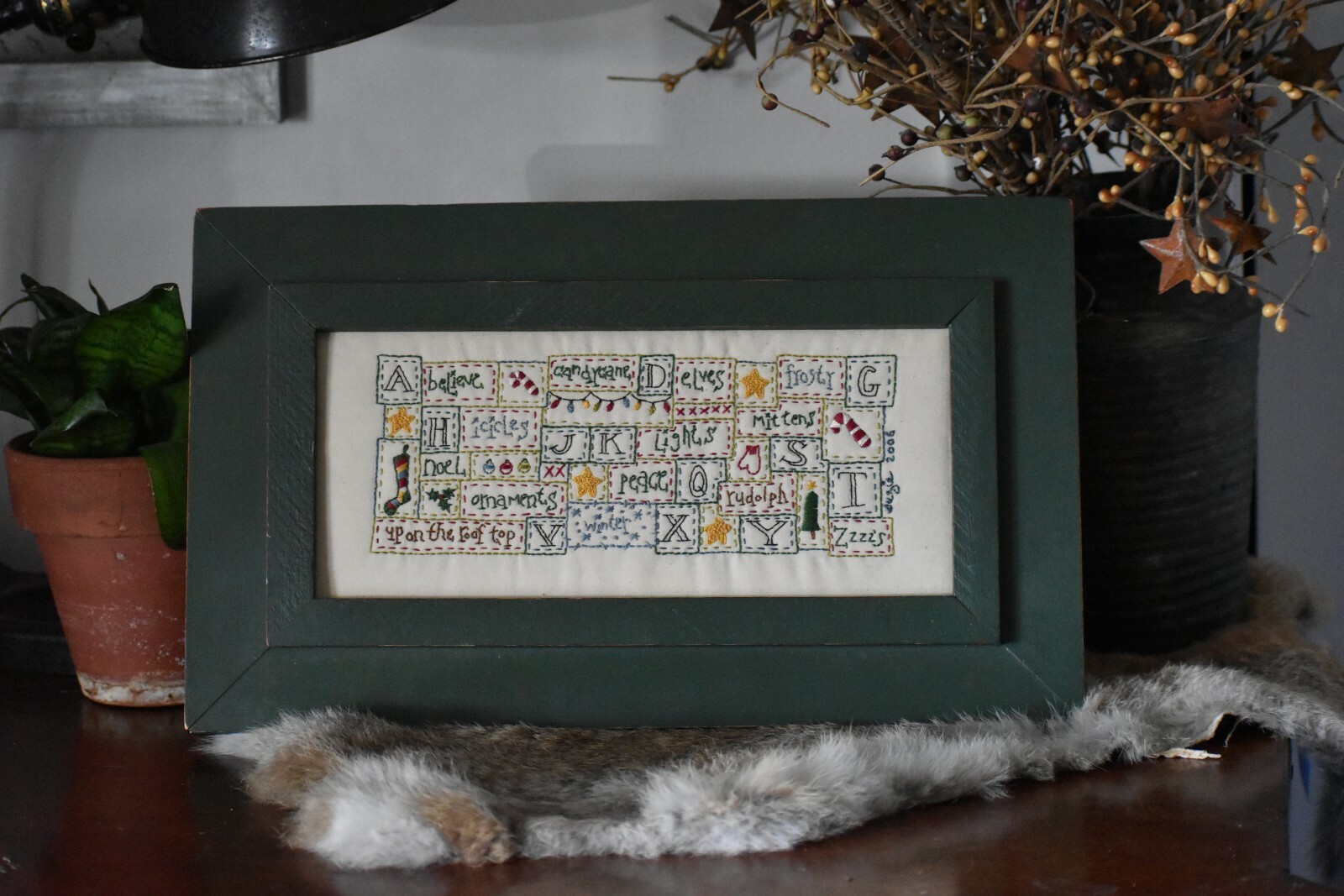 Framed Holiday Needlepoint 2006 Star Stocking Christmas Green Modern Decor Wall