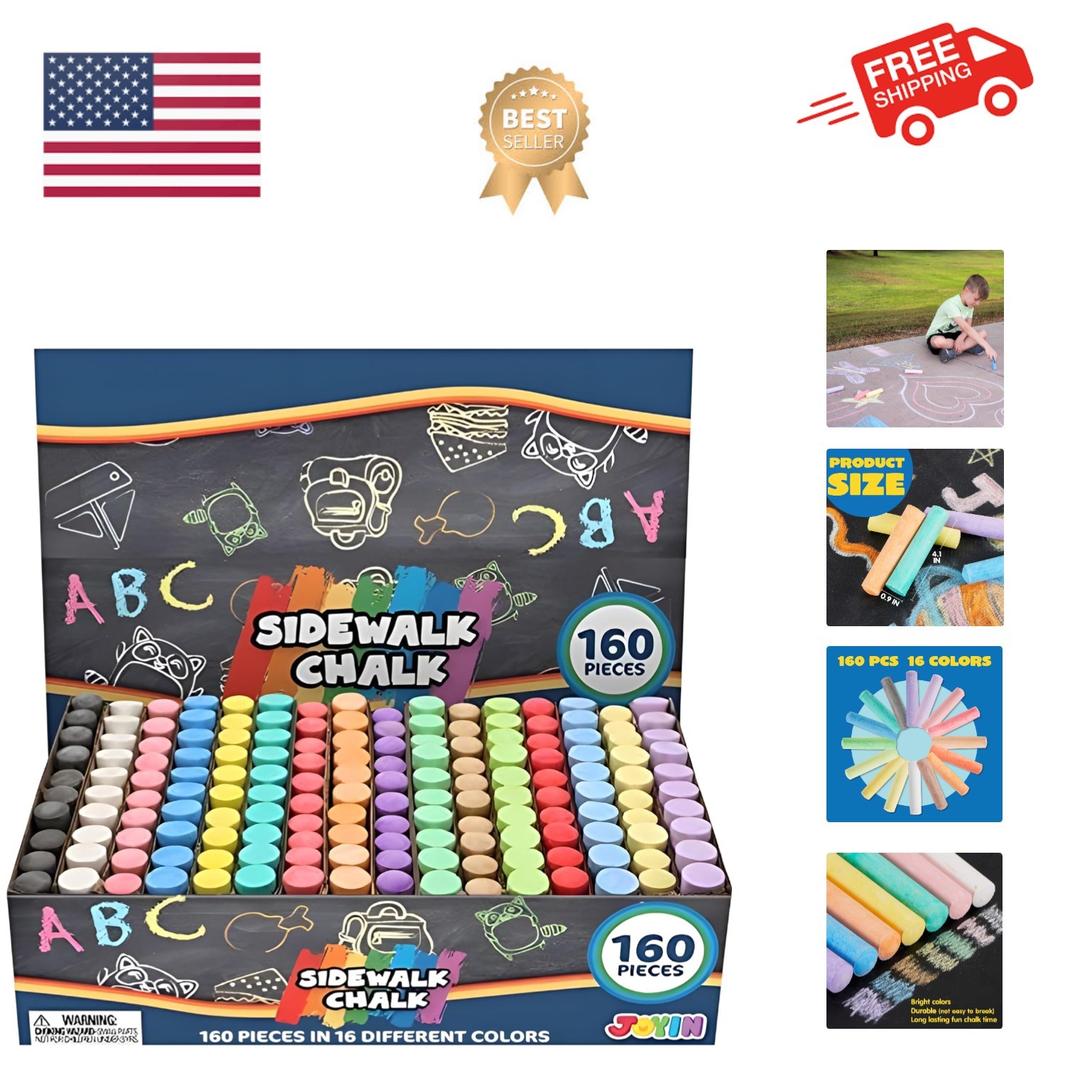 160 PCS Sidewalk Chalks Set Non-Toxic Washable Jumbo Chalk for Outdoor Art Pl...