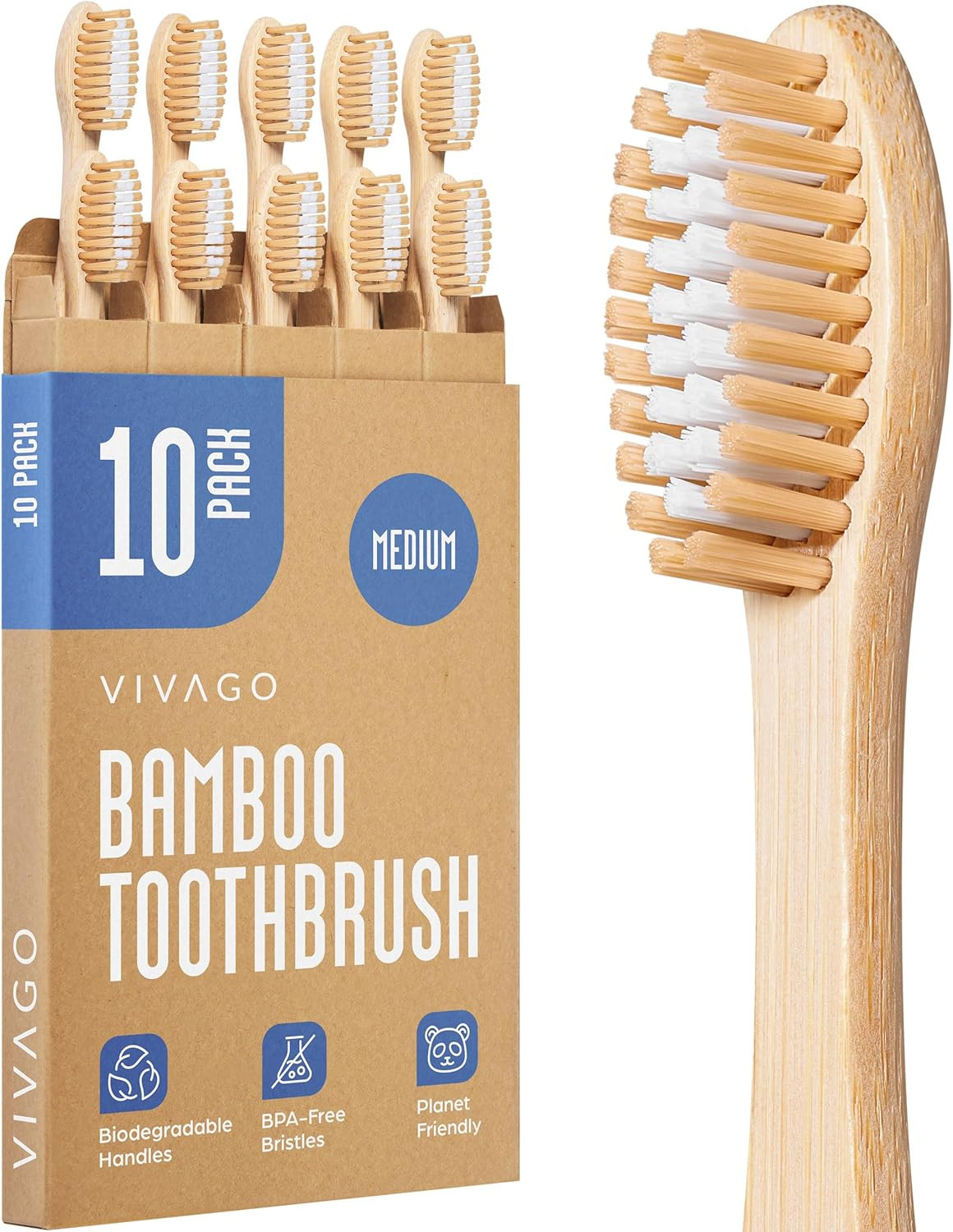 Bamboo Toothbrushes Medium Bristles 10 Pack - BPA Free Medium Bristles Toothbrus