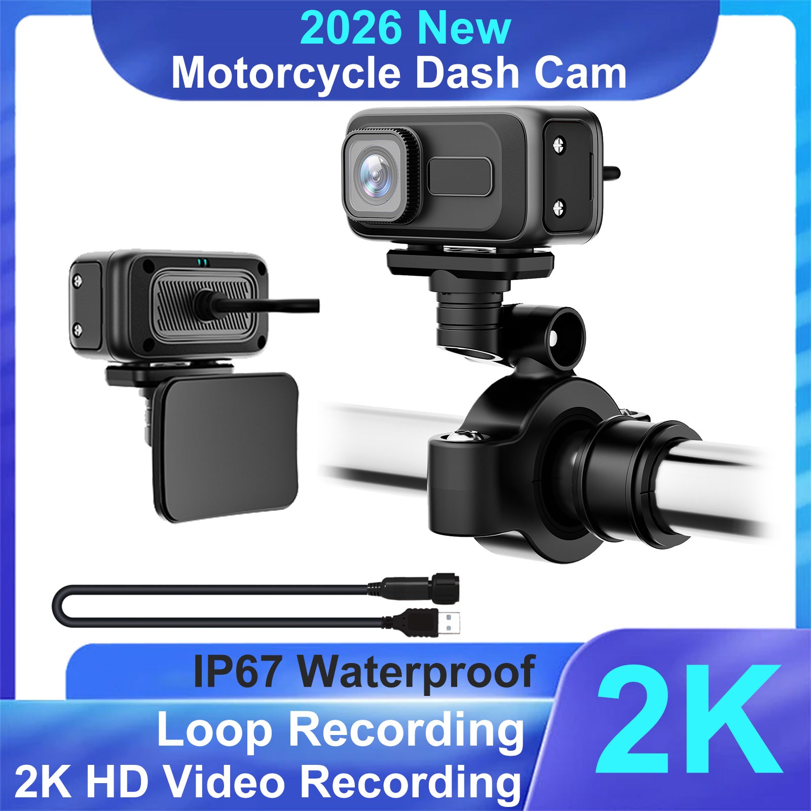 Bike Recorder Motorcycle Dash Cam 2K HD 140° Wide Angle WiFi APP 64GB SD Card