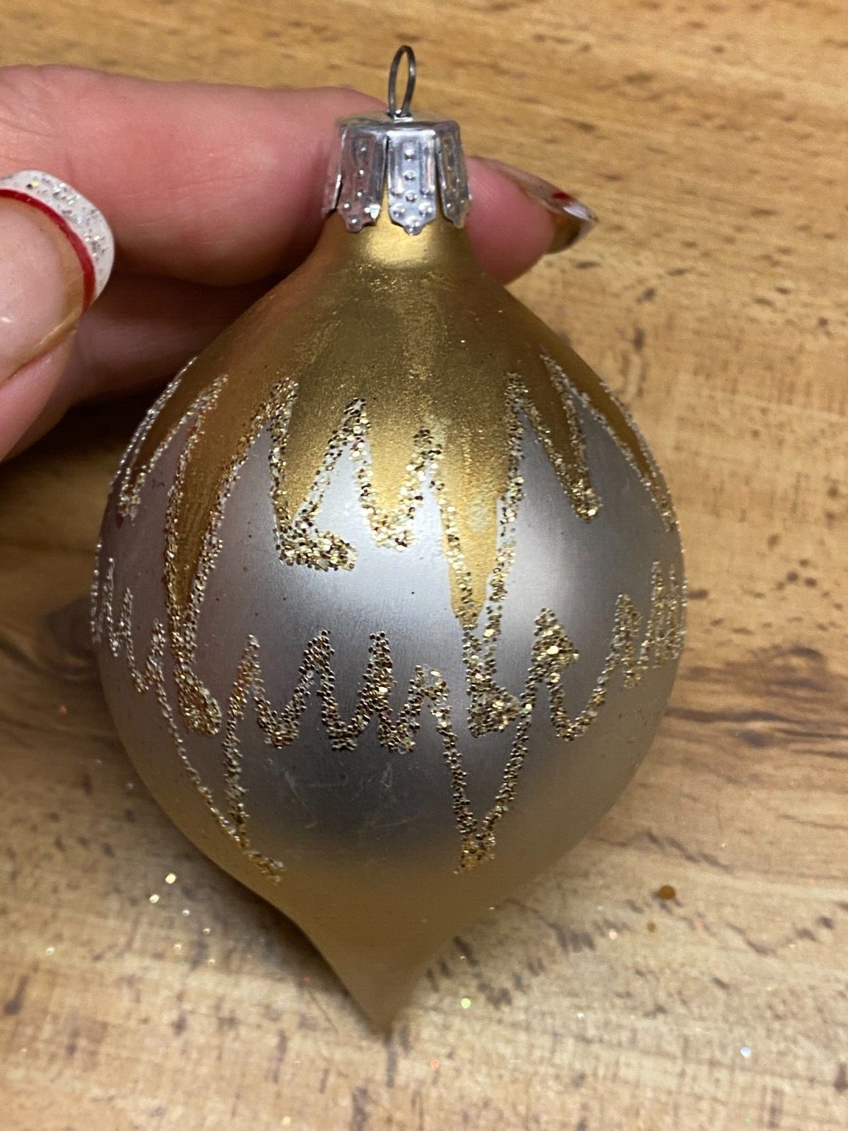 Vintage Blown Glass Teardrop Silver Gold Christmas Ornament 4"