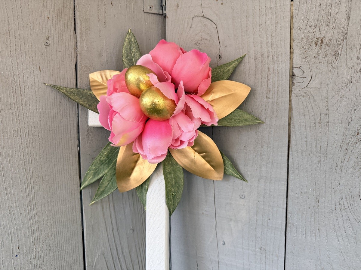 Cemetery cross , Easter grave decoration, pink and gold for grave at cemetery