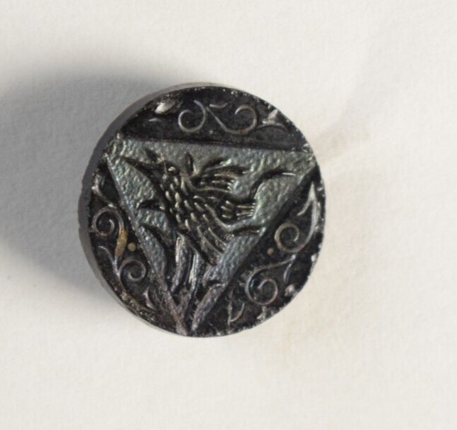 19th C. Glass Iridescent Green Blue Colors Bird Button R150