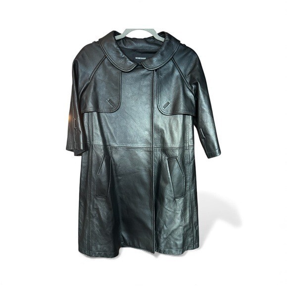 Vintage Workshop USA Black Lamb Leather Trench Coat 3/4 Sleeve Peter Pan Collar