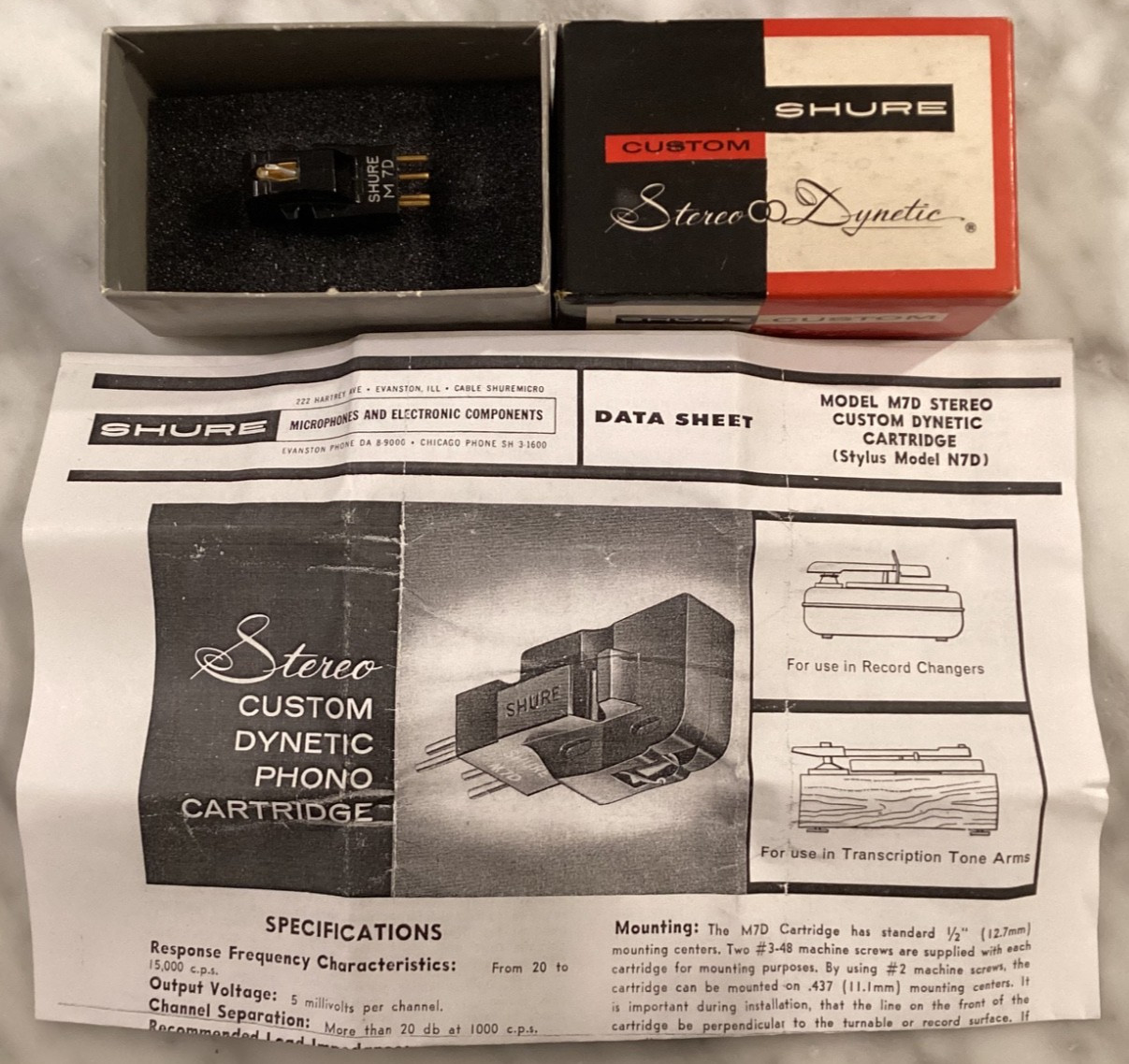 SHURE M7D CARTRIDGE AND NEW N7D STYLUS WITH DOCUMENTATION IN ITS ORIGINAL BOX :