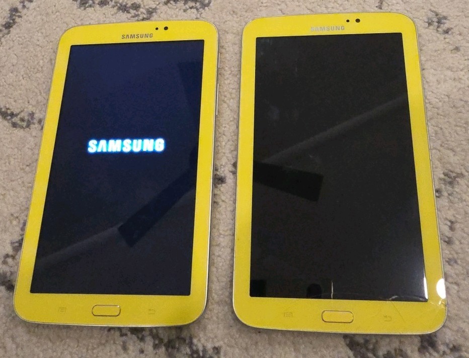 Lot of 2  Samsung Galaxy Tab 3  SM-T2105  Yellow  for parts or repair, with case
