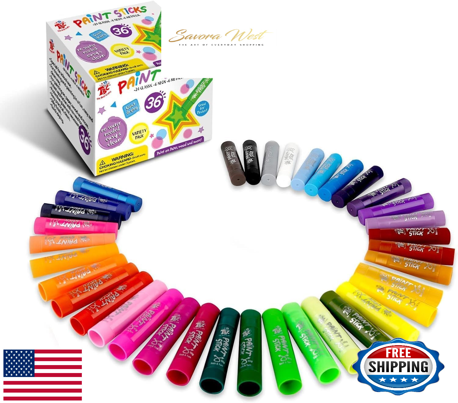 TBC The Best Crafts Tempera Paint Sticks, 36 Classic Colors, Washable, Non-Toxic