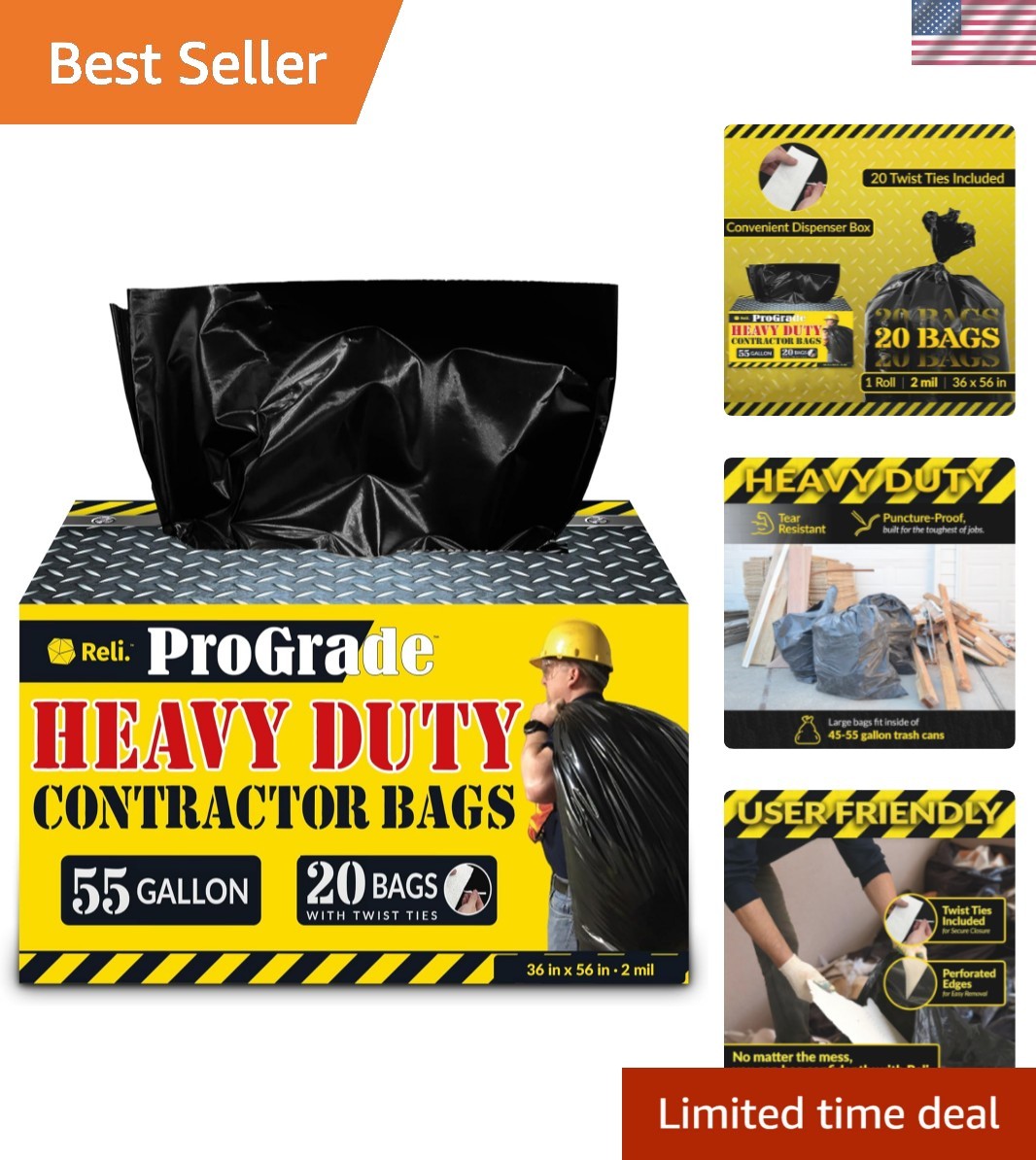 Contractor Garbage Bags 55 Gallon | 20 Trash Bags | Heavy Duty | Black Contra...