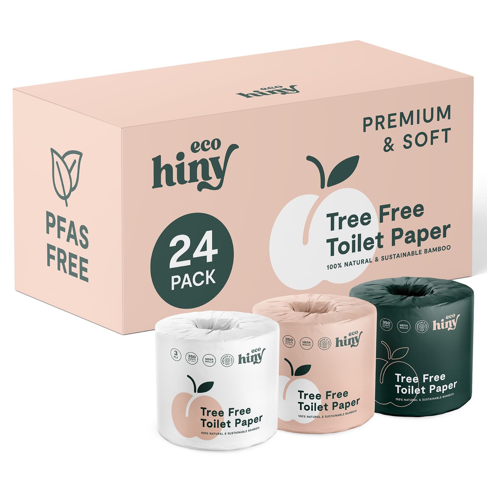 ecoHiny Premium & Soft Bamboo Toilet Paper | PFAS Free | 24 Mega Rolls, 3 ply...