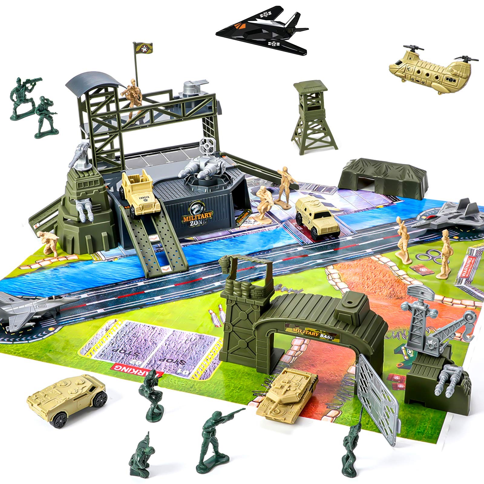 47 Pieces Military Base Set, Army Men 1:32 scale, Olive, Green, Blue/Gray 