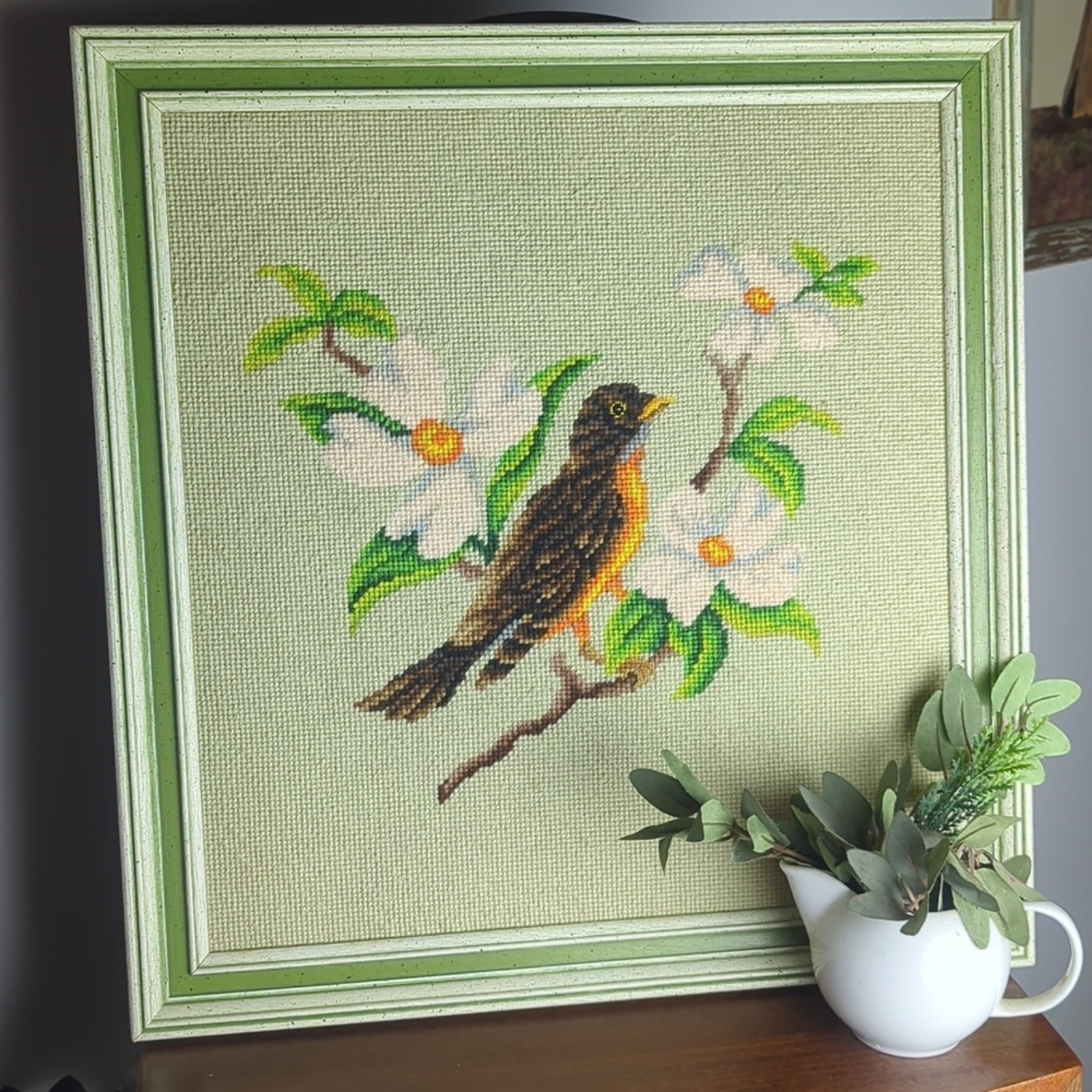 Framed Vintage Needlepoint Robin Handcrafted Bird Art  Cottagecore & Farmhouse