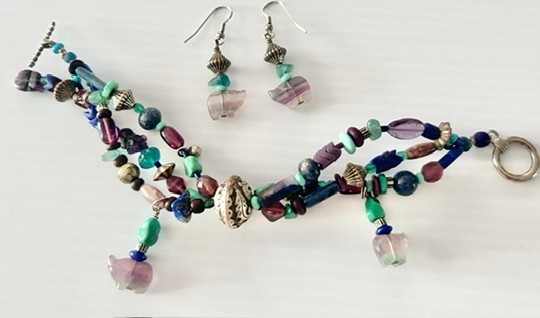 8” Vintage Semiprecious Bead Bracelet Dangle Earring Set Fluorite SUNDANCE Style