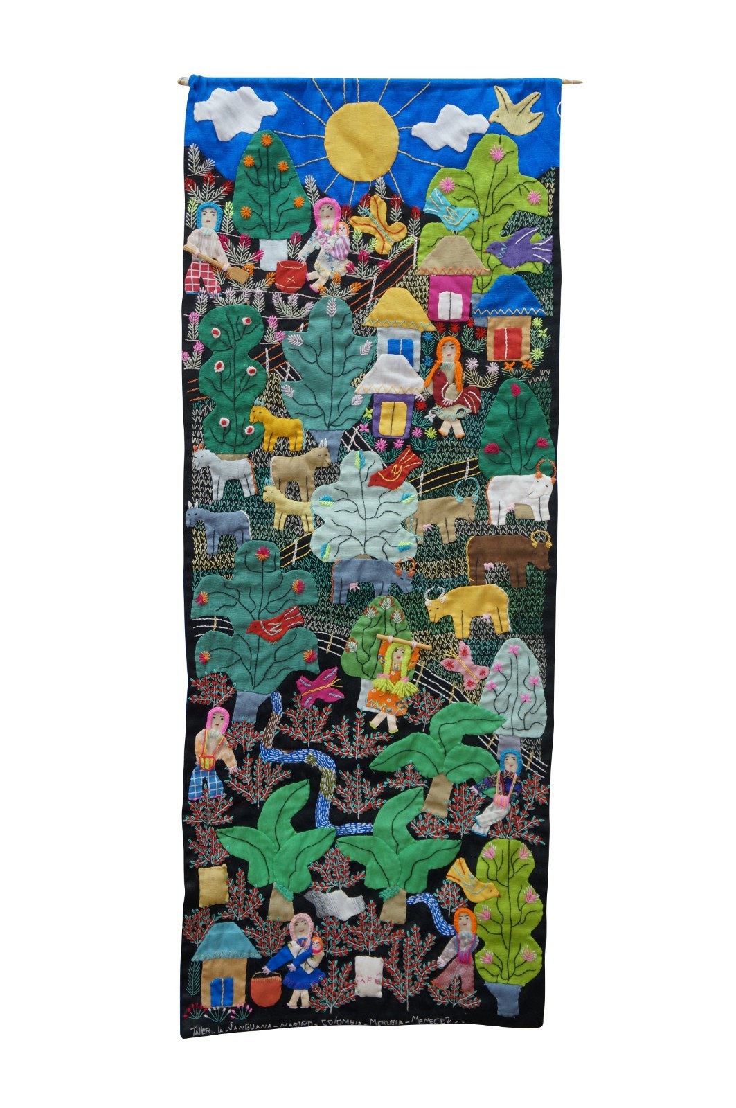 Columbian Arpillera Folk Art Village Farm Animal Scene Textile Tapestry 28"