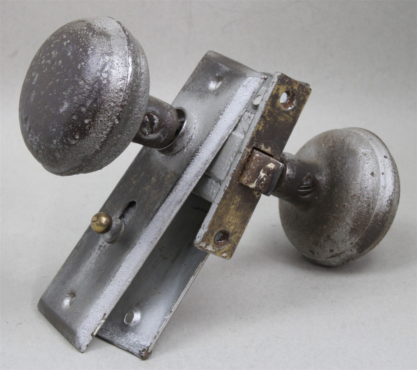 Antique Thumb Slide Door Mortise Lock Set w/Silver Painted Metal Door Knobs 