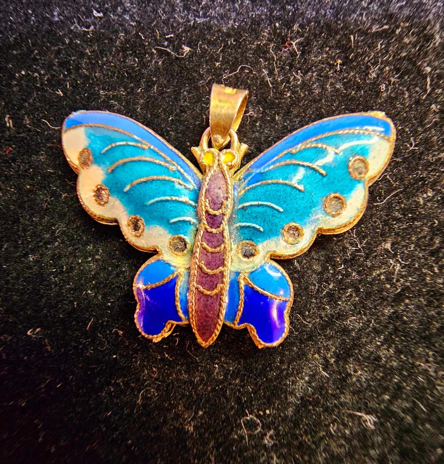 Vtg Reverse Cloisonne Enamel Butterfly Blue Purple Pendant/ Charm w/ Silver Bail