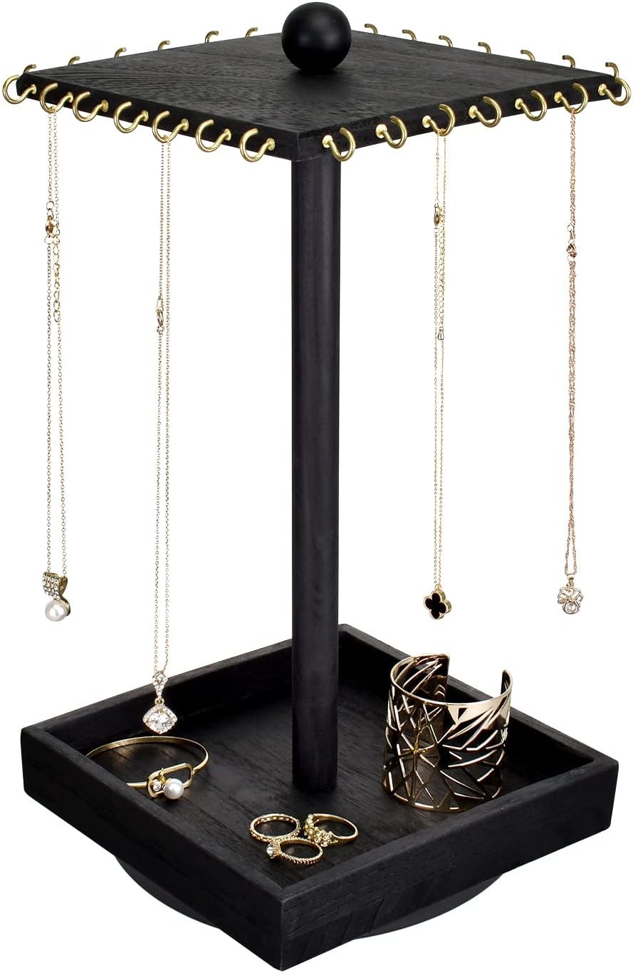 Necklace Holder Organizer Wooden Rotating Jewelry Display Stand Black