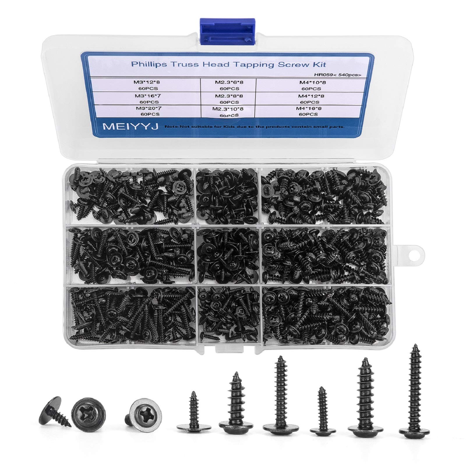540pcs M2.3 M3 M4 Phillips Truss Head Tapping Screw Wafer Head with Washer, S...