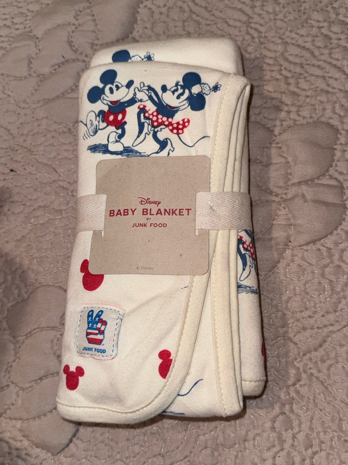 Disney Junk Food Baby Blanket Mickey Minnie Mouse Red Blue Cream 30X36 NEW
