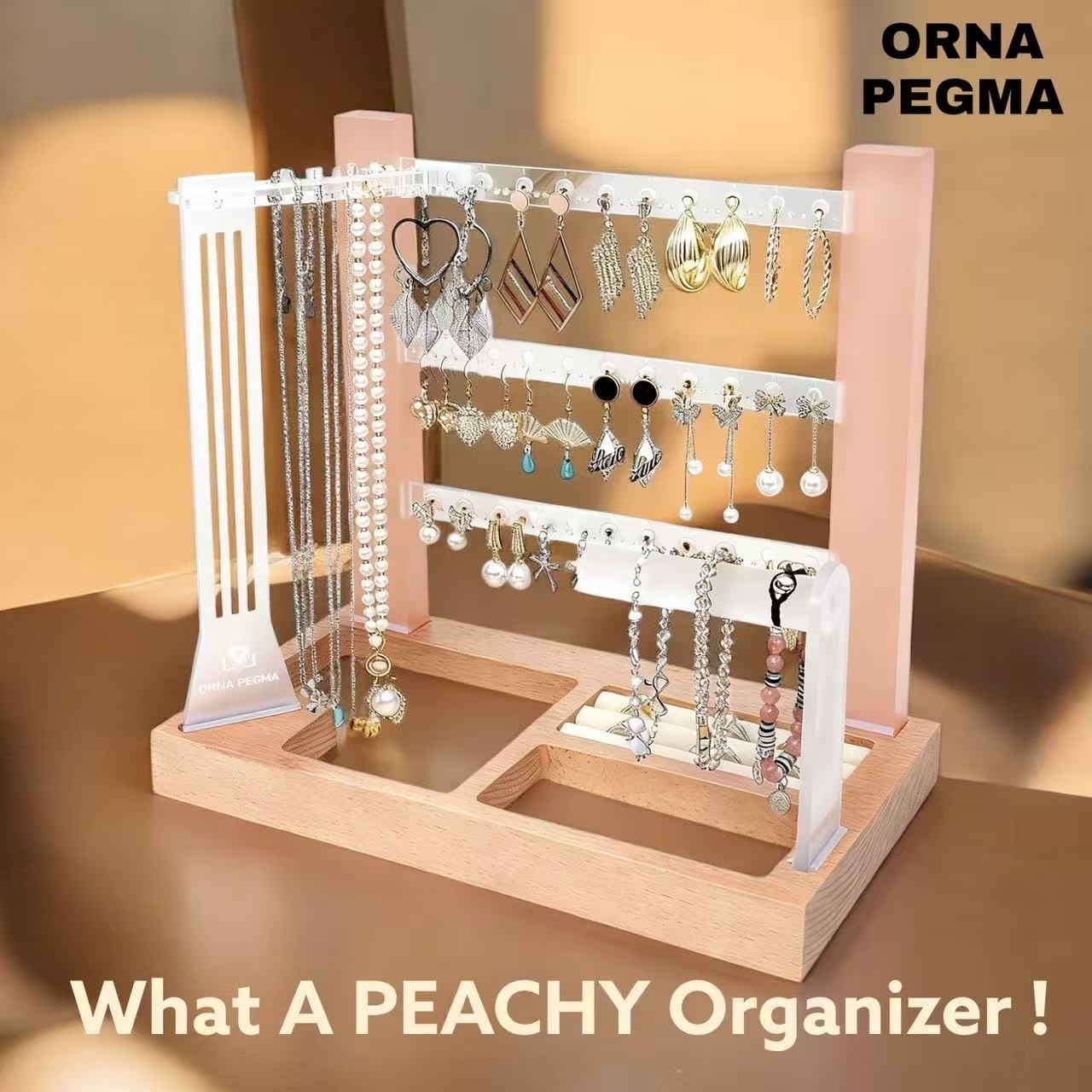 3 Tier Peach Acrylic Jewelry Organizer Stand Earring Necklace Holder Wooden Base