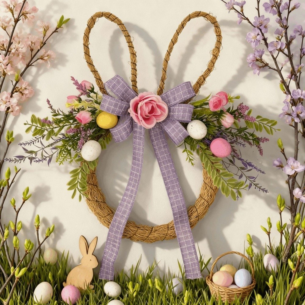 Easter Wreath with Plastic Eggs Bunny Bow and Cheerful Colors for Holiday Decor