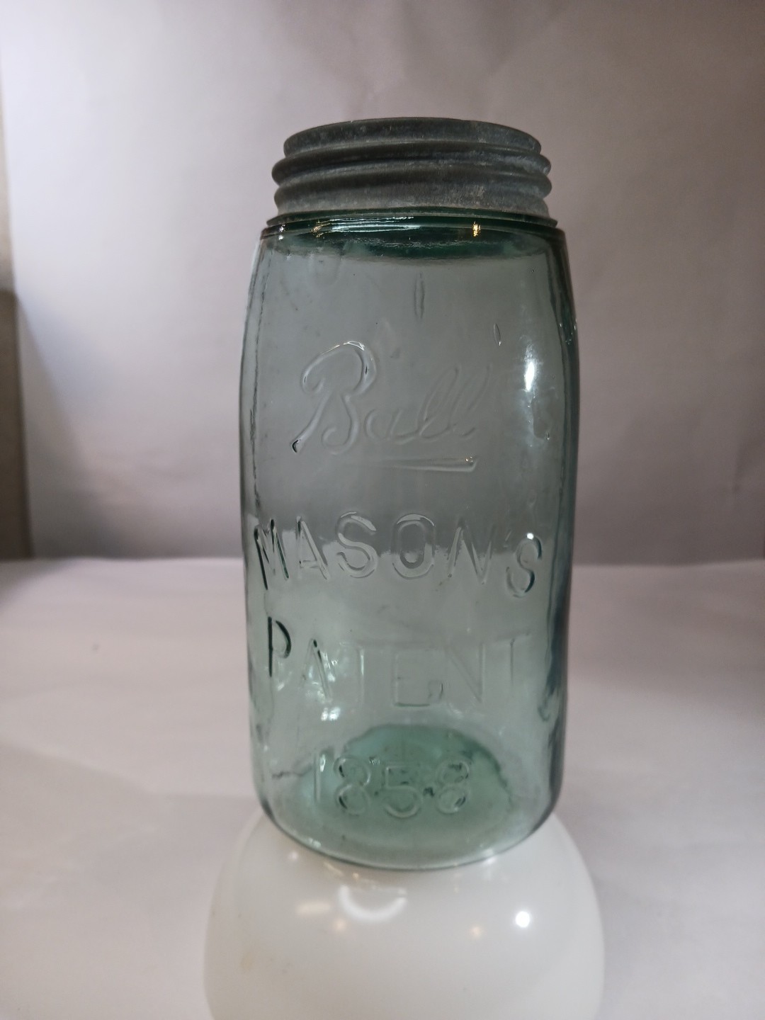 1890s Antique Ball Script MASON'S PATENT 1858 Aqua Green Quart Canning Fruit Jar