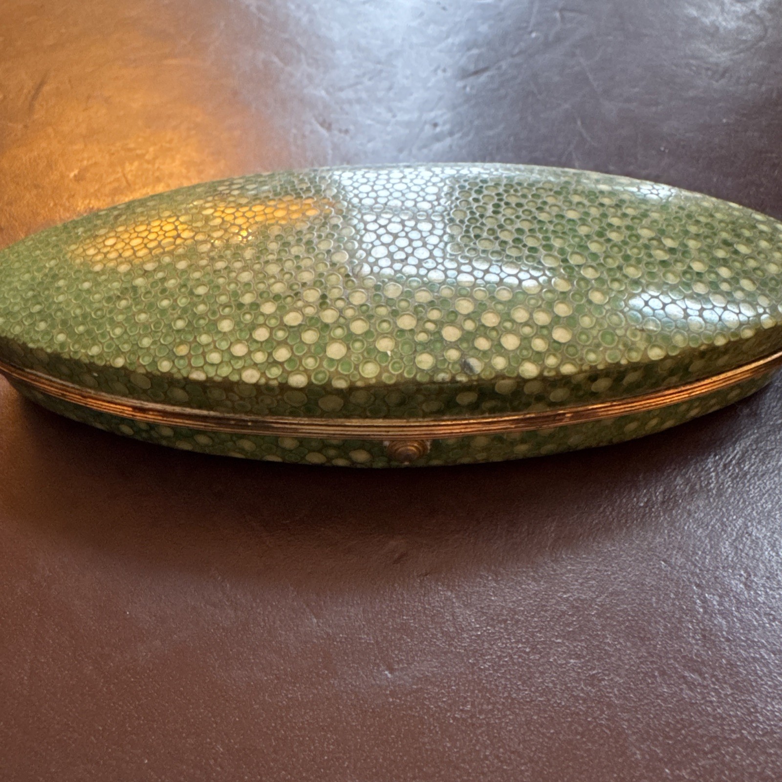 Antique Green Shagreen Leather case box red interior 10cm long
