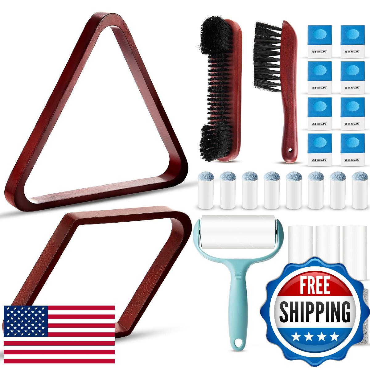ShinyRelief 22 Pcs Pool Table Brush Set Wooden Billiard Rack 8 or 9 Ball Triangl