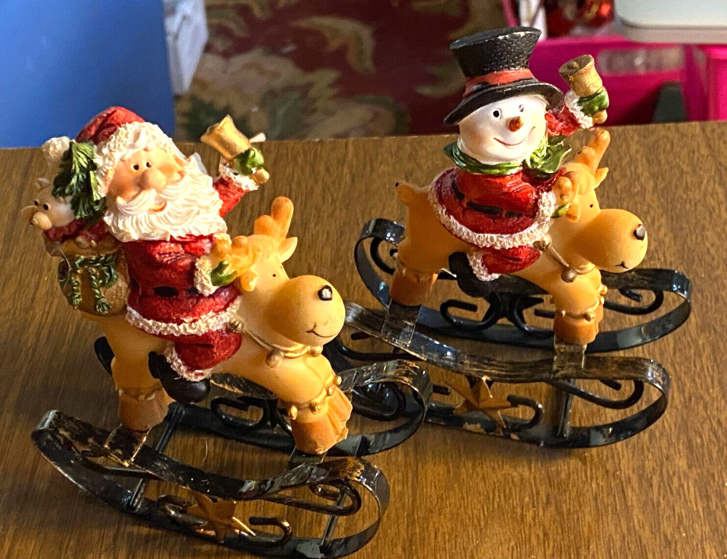2 Resin & Metal Rocking Reindeer Santa & Snowman Christmas Ornaments 5"