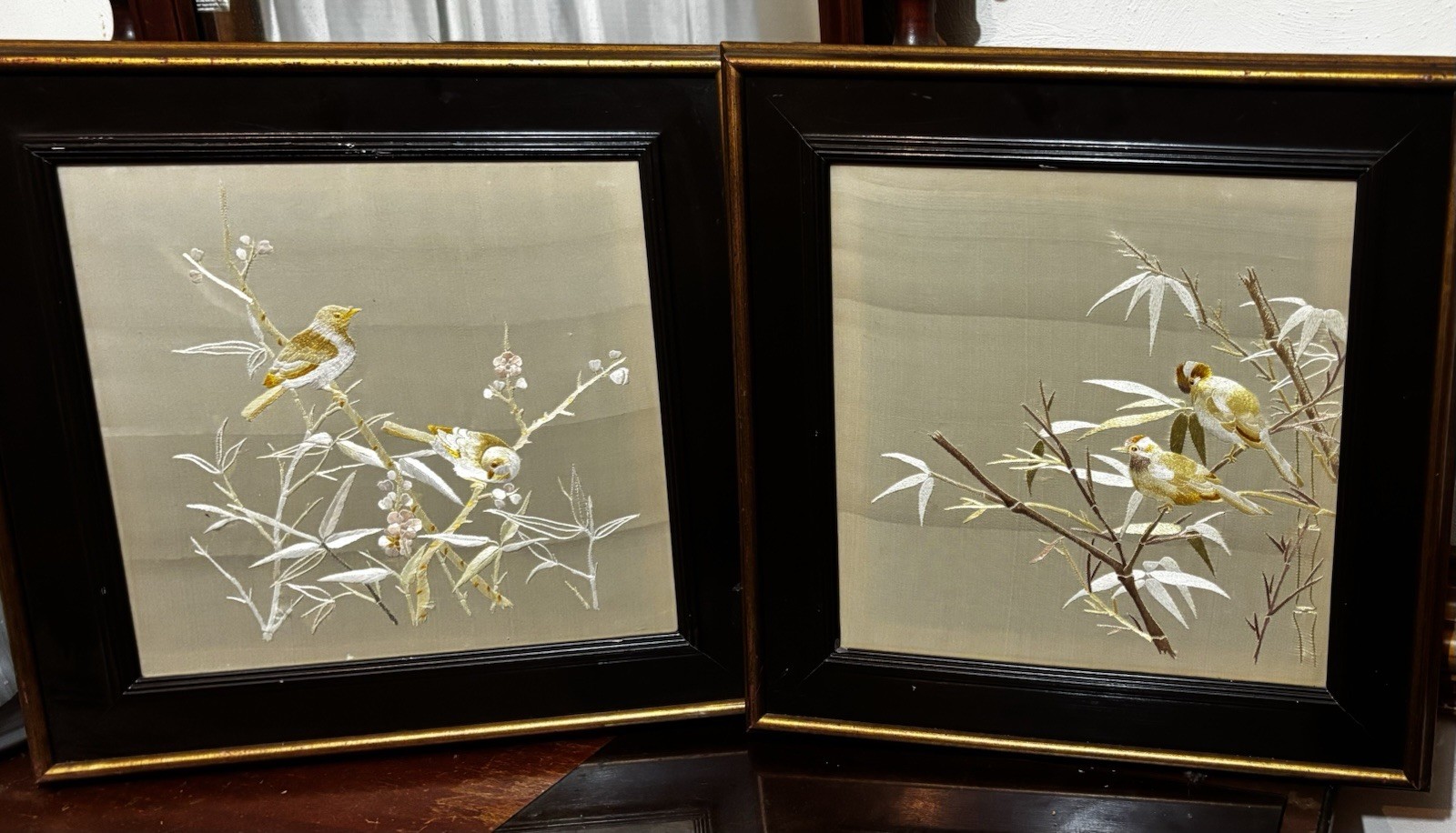 Sischer-Marin, Inc. Framed Silk Embroidered Tapestry Set Singing Birds Medium