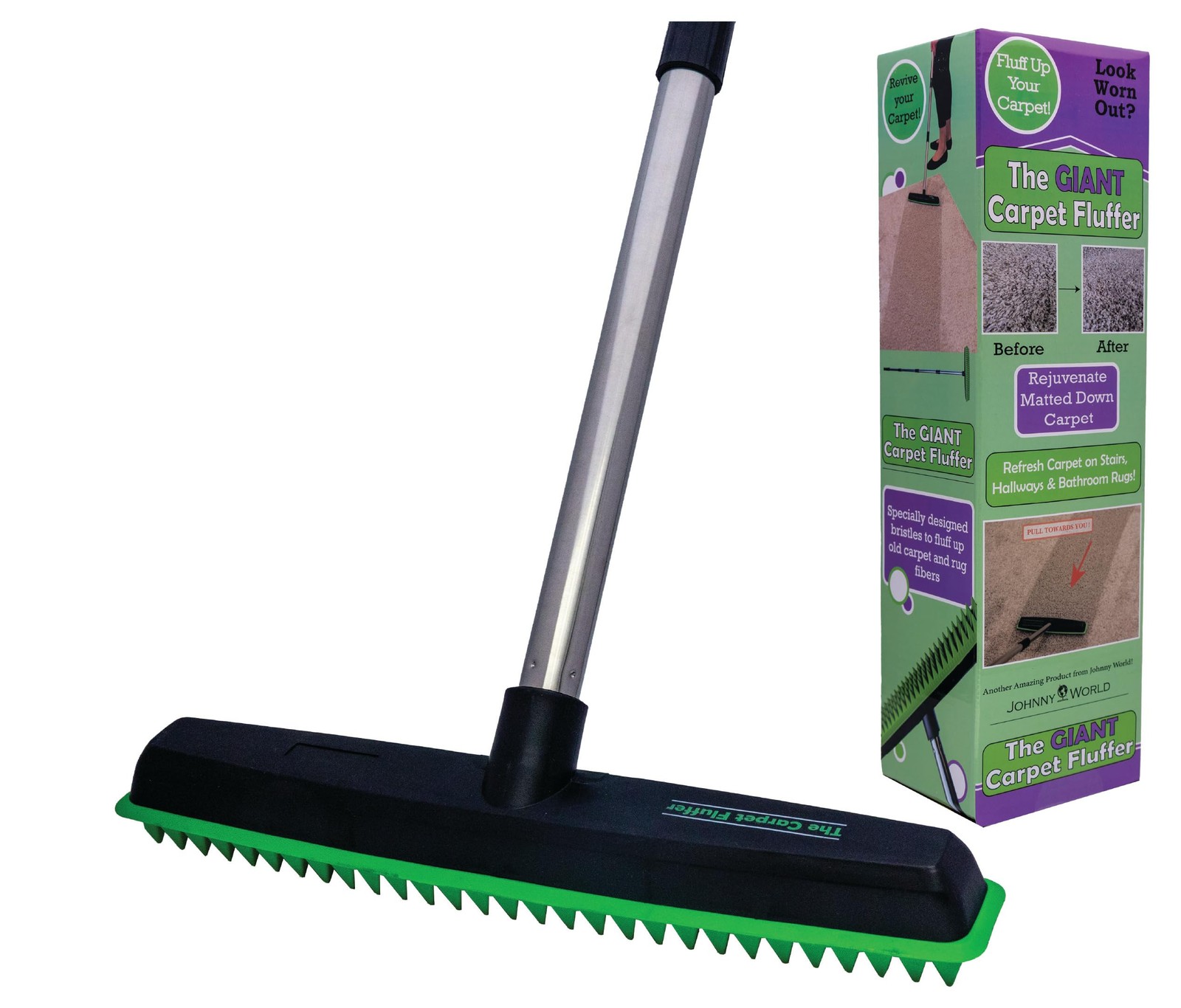 Johnny World Giant Carpet Fluffer Large Rake for Reviving Matted Green 
