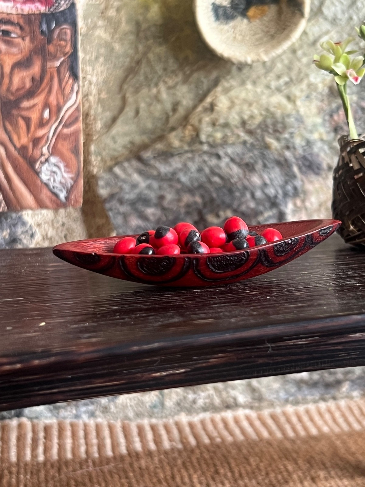 Miniature Handcarved Tropical Hardwood Canoe Fruit Bowl Bloodwood Design Tiki