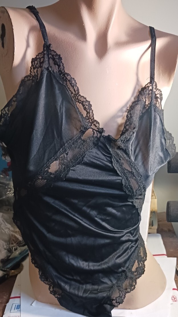 Vintage Retro 1980's 1990's Silky Sassy Black Lace Sheer Snap Lingerie Teddy S