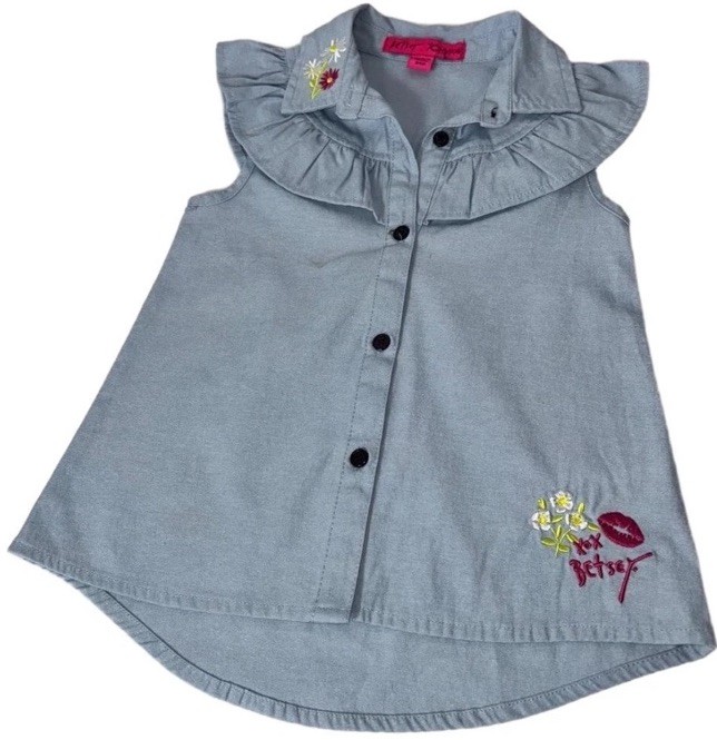 Betsey Johnson Dress Shirt 24M Blue Sleeveless Ruffle Collar Embroidery