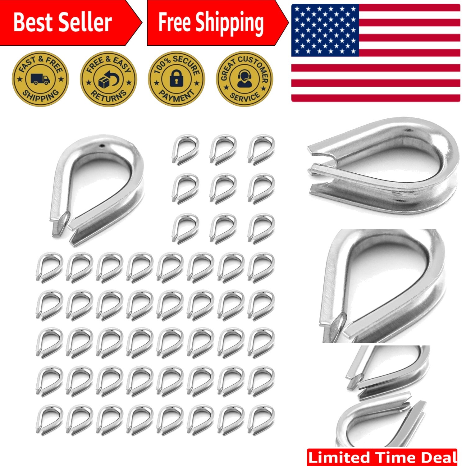 50pcs 3/16" M5 Stainless Steel for Diameter Wire Rope Cable s Rigging