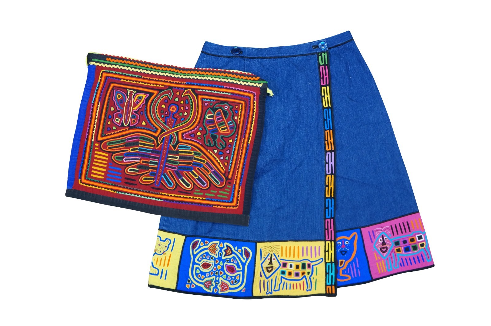 Columbian Kuna Mola Embroidered Applique Folk Art Textile Tapestry & Skirt