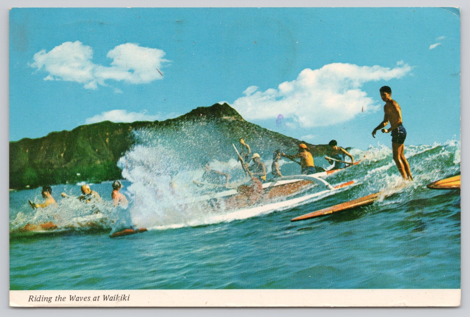 Postcard Hawaii Honolulu Outrigger Canoe and Surfboard Riding Waves Diamond 56E