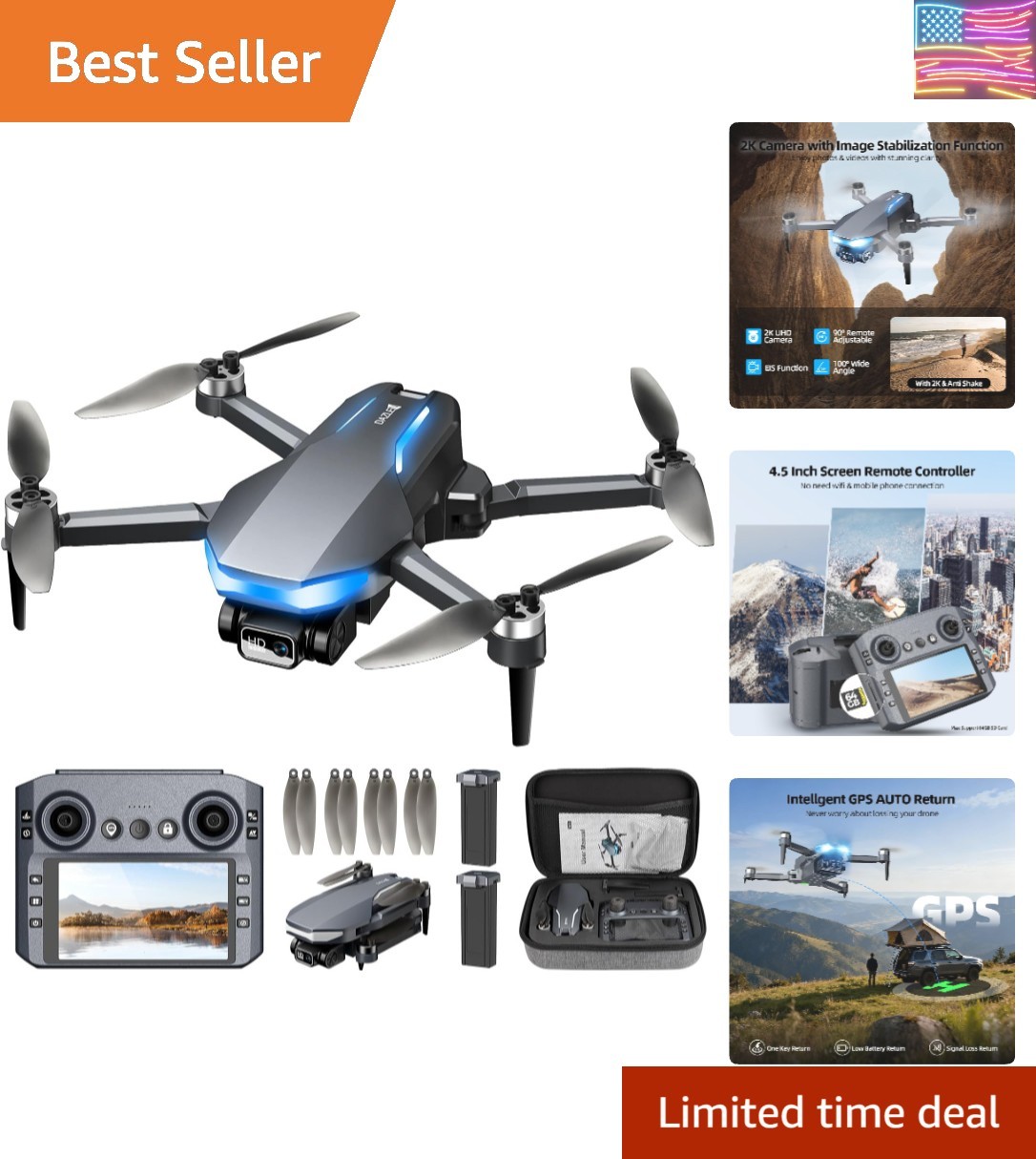 GPS Drone with 2K Camera for Adults, 5G FPV Foldable Drone with 4.5" Screen C...