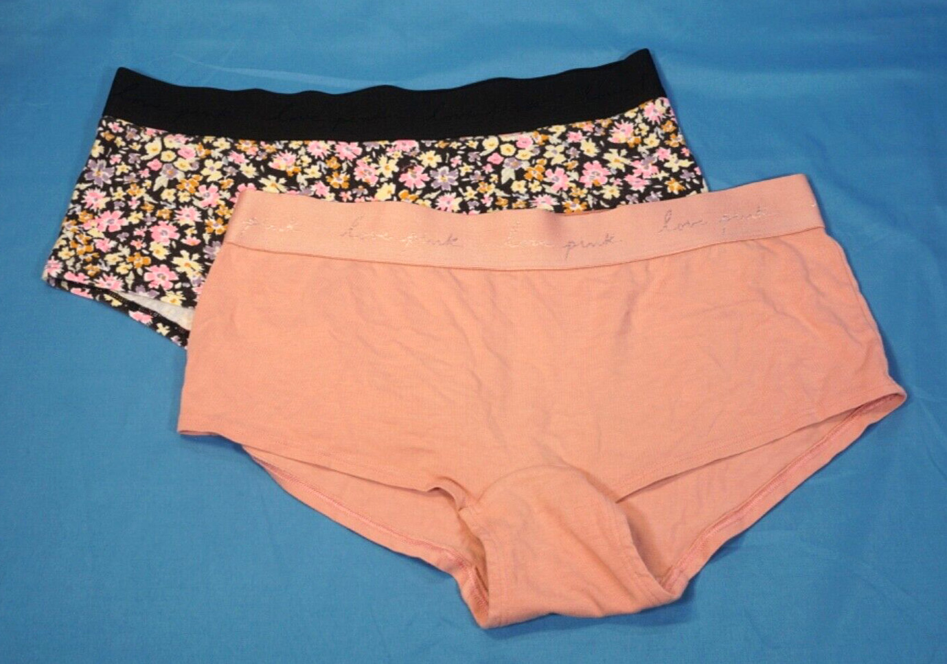 2 VTG Victoria's Secret Pink BOYSHORT BOXER PANTIES Black Floral & Mauve Peach L