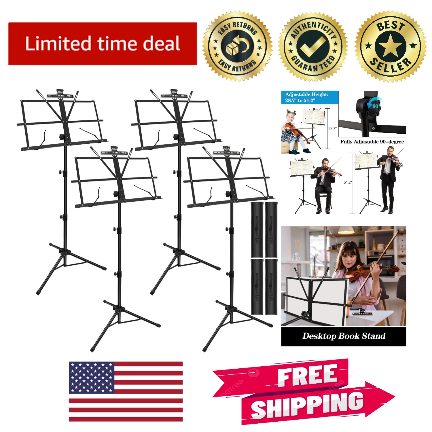Portable Folding Music Stand Set - 2 in 1 Adjustable 4 Pack with Clip Holders