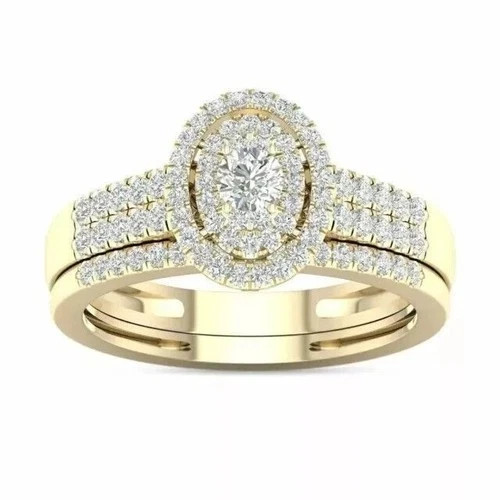 Oval Cut Lab Created Diamond 14K Yellow  Gold FN Gorgeous Engagement Ring Set