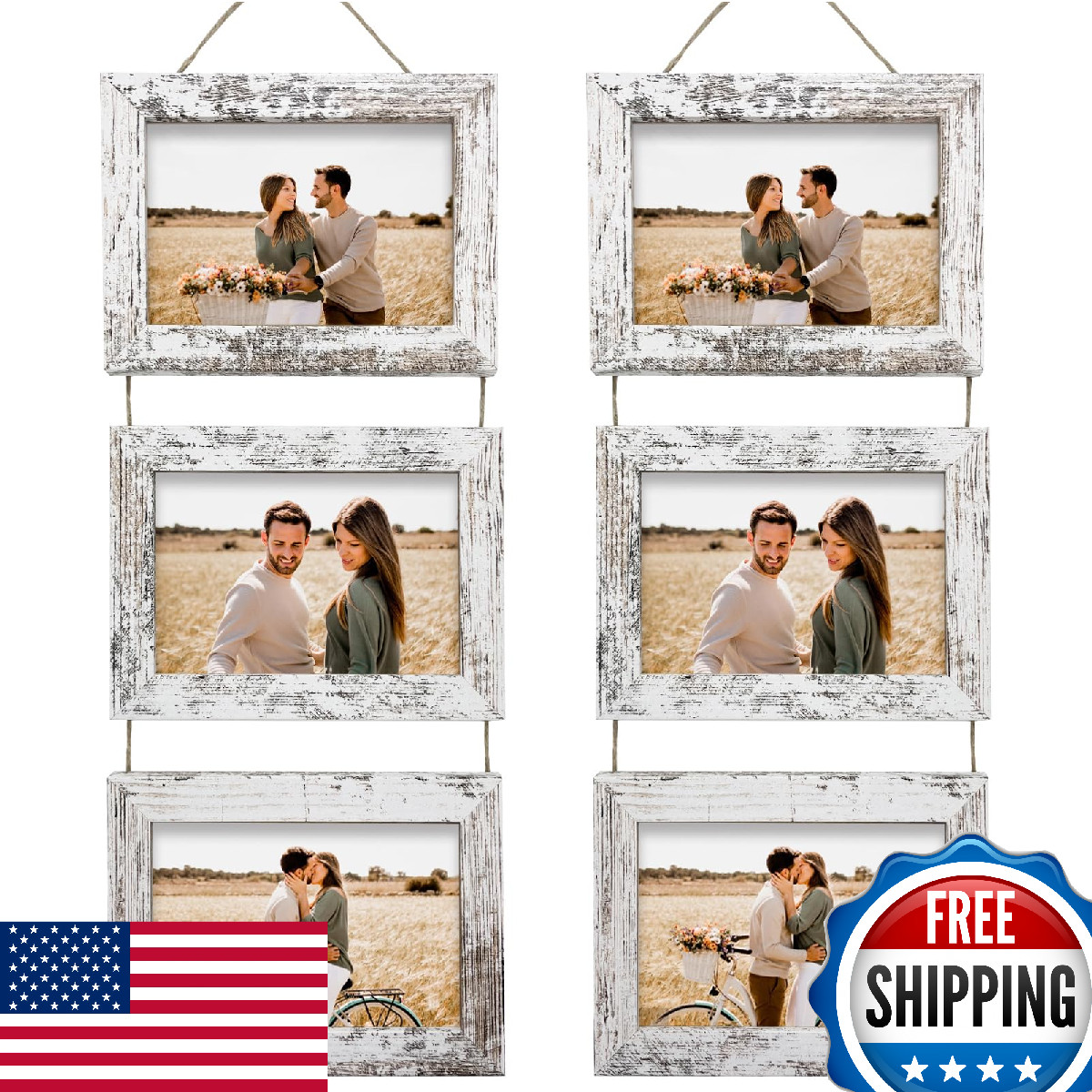 Rexllon 5x7 Distressed White Wall Hanging Picture Frame, 3 Opening Collage
