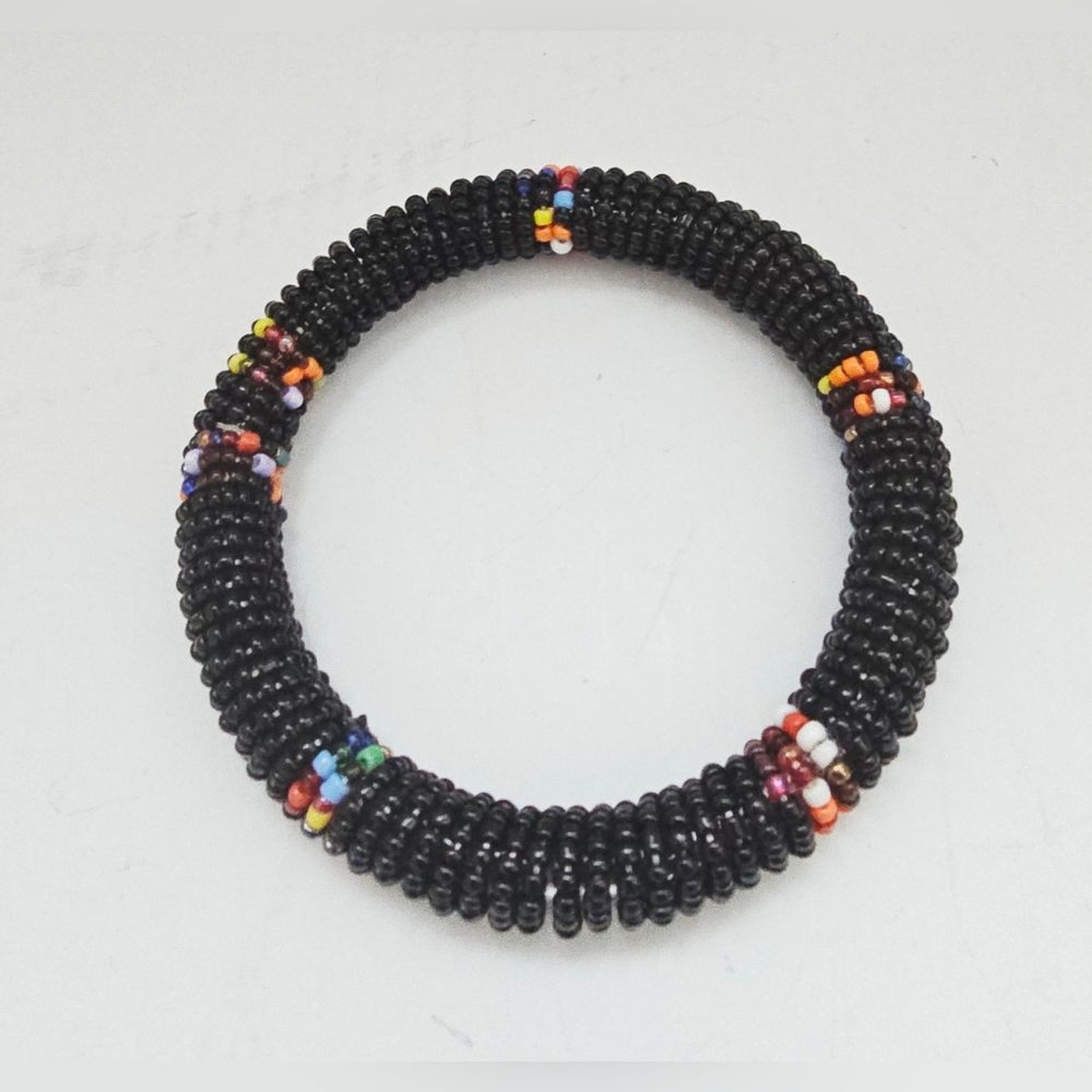 Massai Kenyan African Black Beaded Bracelet with Multicolor Accents