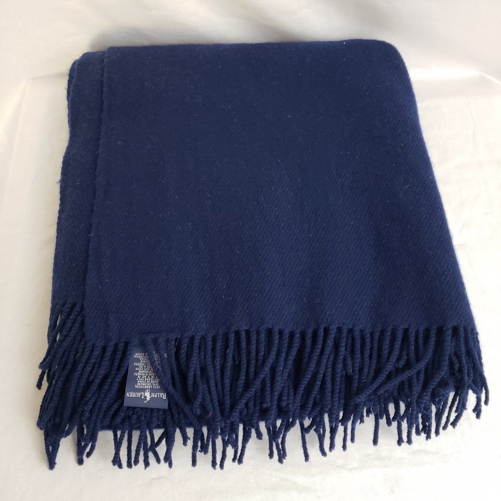 Ralph Lauren Navy Lambswool Cashmere Blend Throw Blanket Fringe Pleasantville
