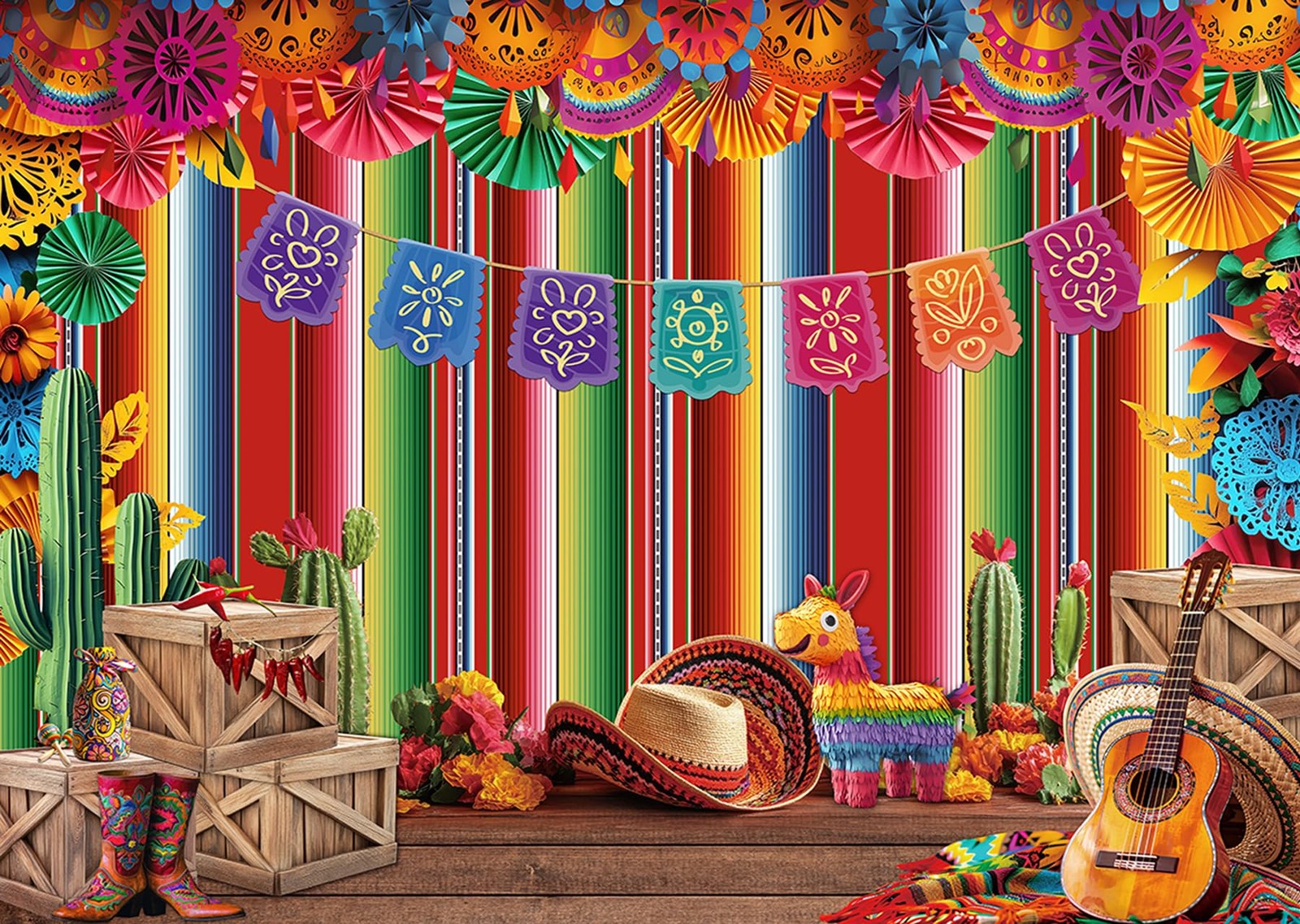 7x5ft Mexican Fiesta Backdrop Paper Flowers Photography Decor Pattern 331