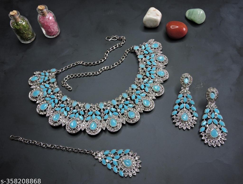 Indian Silver FN Turquoise Kundan Choker Necklace Wedding Party Jewelry Set A64