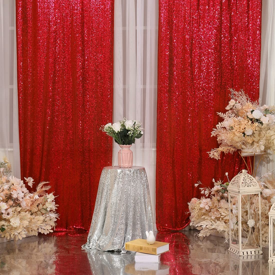 2 PCS 3x8FT Red Sequin Backdrop Curtain Birthday Wedding Christmas Decor