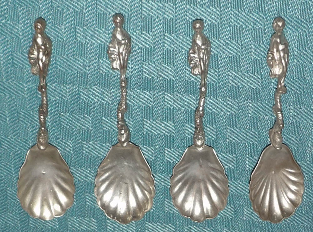 Set of (4) 3 1/2" Asian Woman Standing on Serpent's Tail Silverplate Spoons