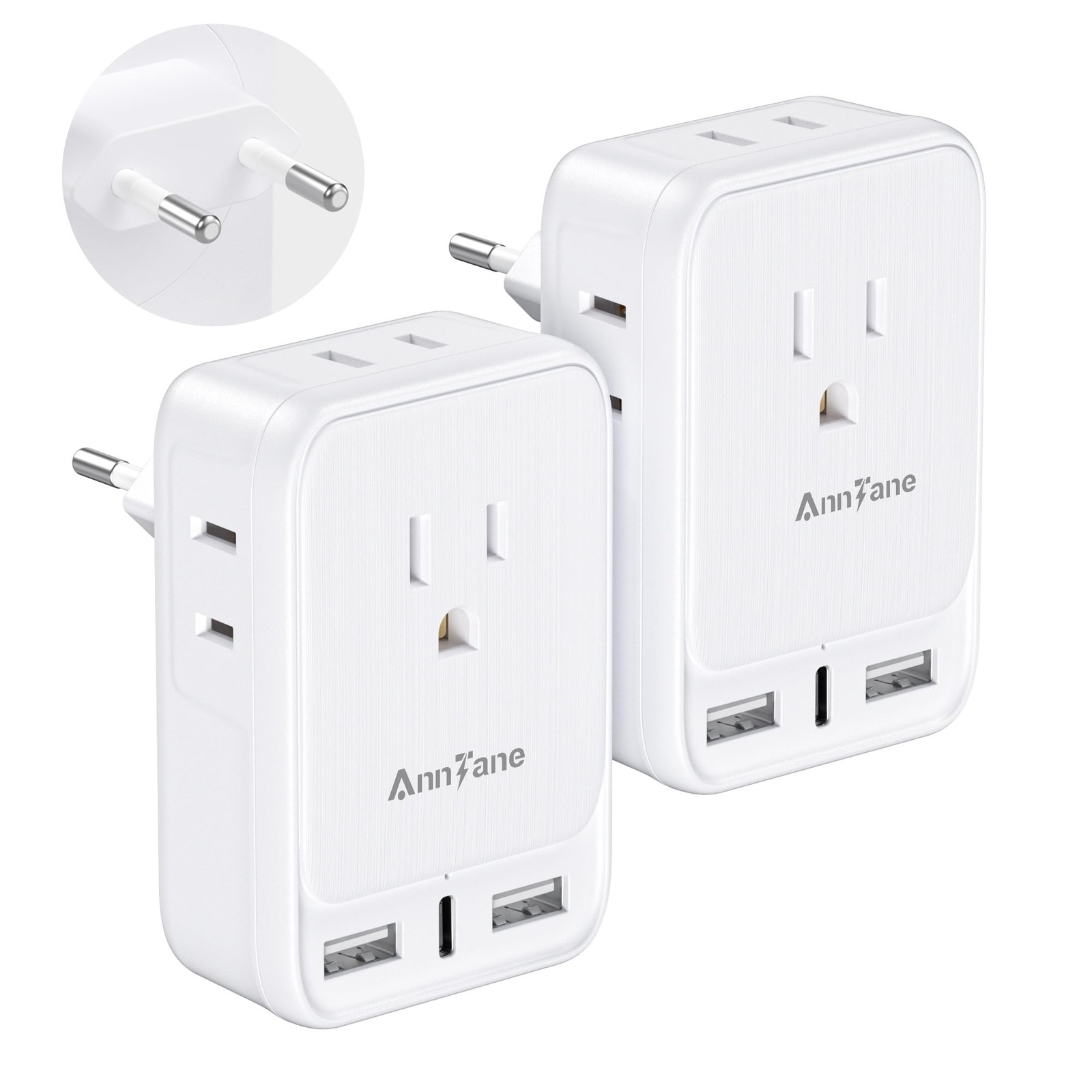 2 Pack European Travel Adapter, US to Type C - Most of Europe(2 Pack), White 